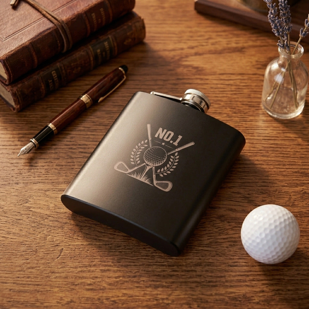 Engraved Golf Black Metal Hip Flask 6oz - 7 Designs | Birthday & Father's Day Gift