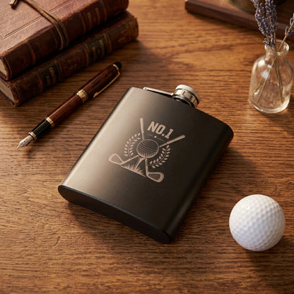 Engraved Golf Black Metal Hip Flask 6oz - 7 Designs | Birthday & Father's Day Gift