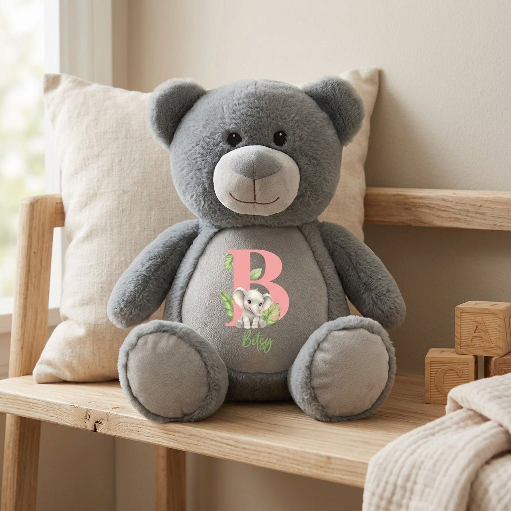 Personalised Animal Alphabet Grey Teddy Bear | New Baby, 1st Birthday or Christening Gift - The Lovely Keepsake Company