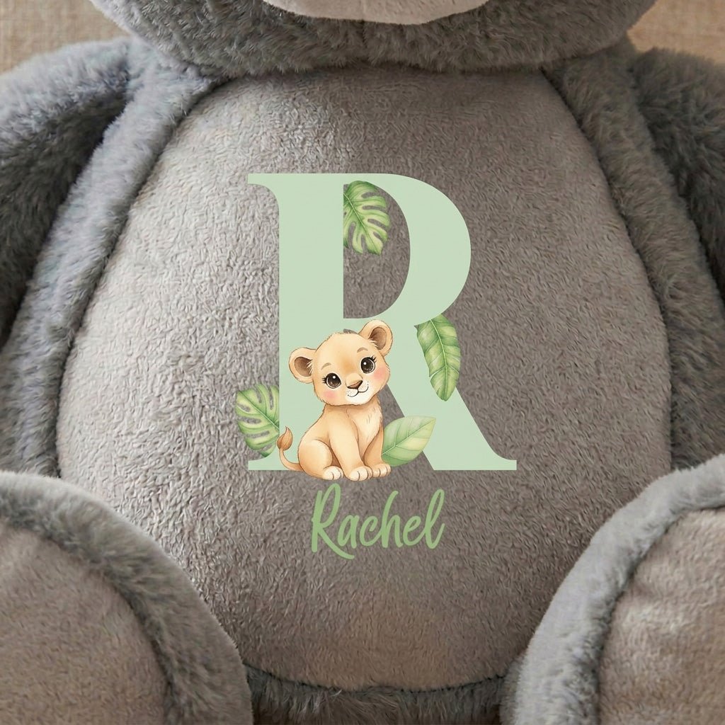 Personalised Animal Alphabet Grey Teddy Bear | New Baby, 1st Birthday or Christening Gift - The Lovely Keepsake Company