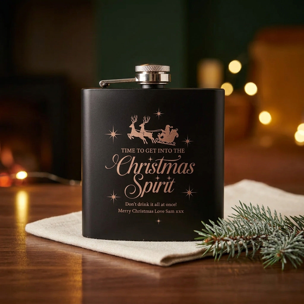 Personalised Christmas Spirit Engraved Black Metal Hip Flask 6oz
