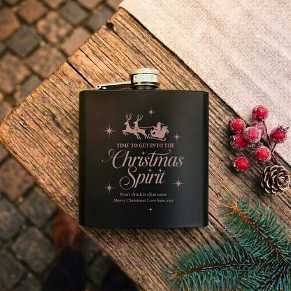 Personalised Christmas Spirit Engraved Black Metal Hip Flask 6oz