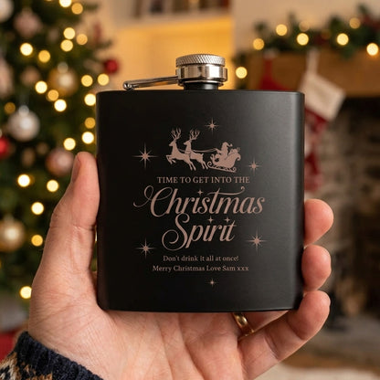 Personalised Christmas Spirit Engraved Black Metal Hip Flask 6oz