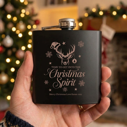 Personalised Christmas Stag Engraved Black Metal Hip Flask 6oz