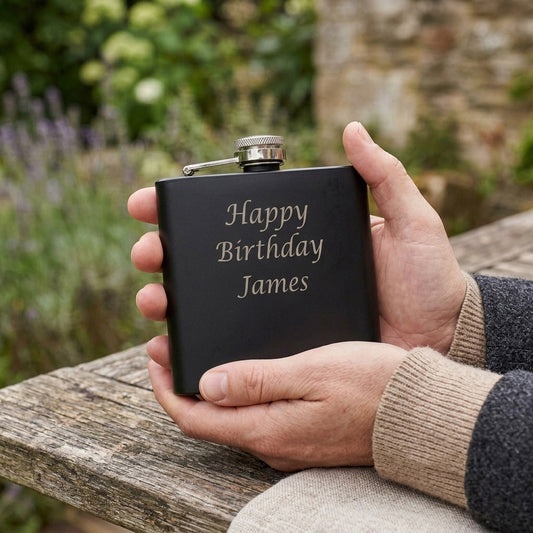 Personalised Any Message Engraved Black Metal Hip Flask 6oz