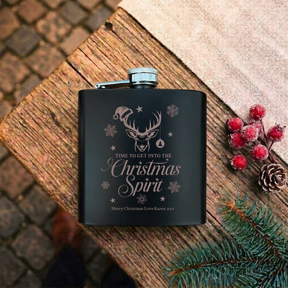 Personalised Christmas Stag Engraved Black Metal Hip Flask 6oz