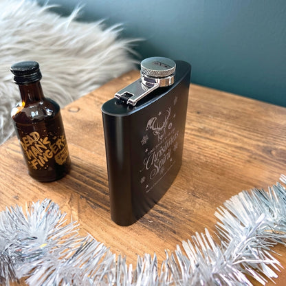 Personalised Christmas Stag Engraved Black Metal Hip Flask 6oz