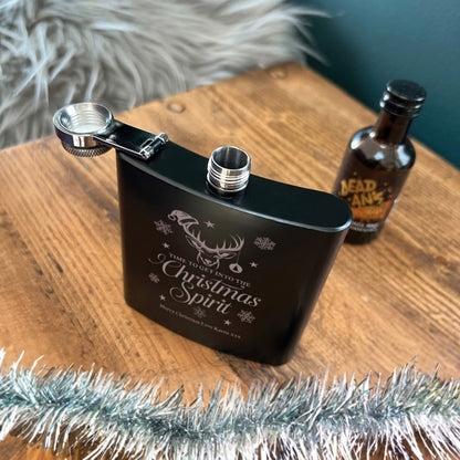 Personalised Christmas Stag Engraved Black Metal Hip Flask 6oz