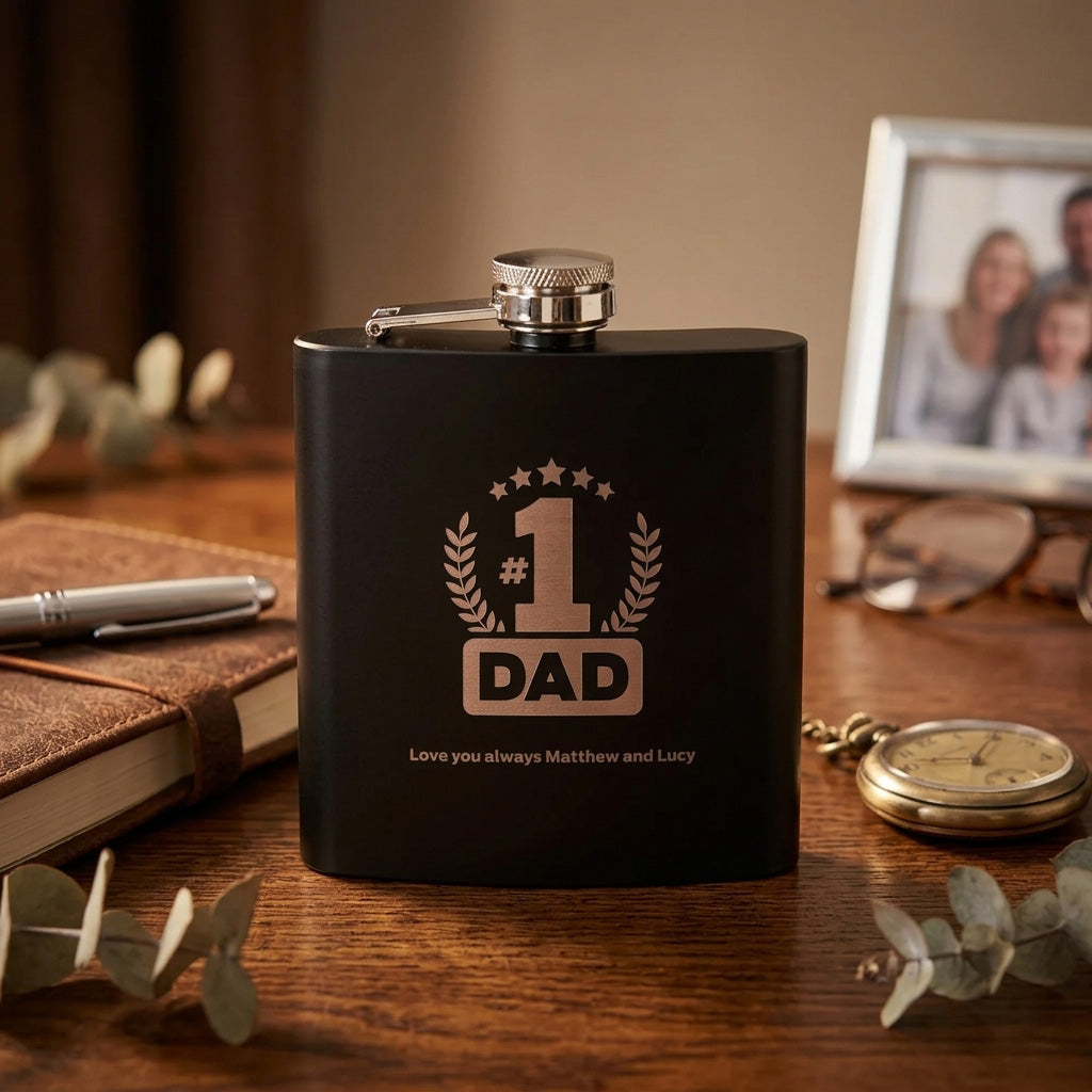 Personalised No.1 Dad Engraved Black Metal Hip Flask 6oz