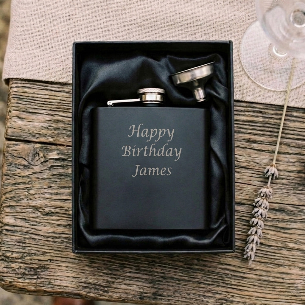 Personalised Any Message Engraved Black Metal Hip Flask 6oz