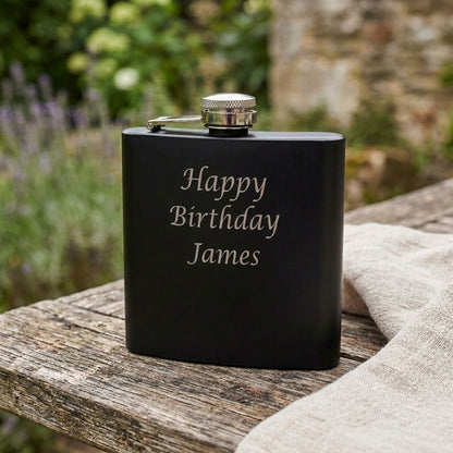 Personalised Any Message Engraved Black Metal Hip Flask 6oz