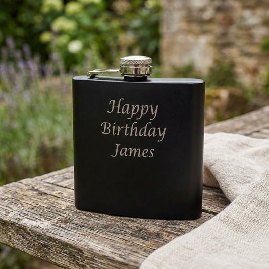 Personalised Any Message Engraved Black Metal Hip Flask 6oz