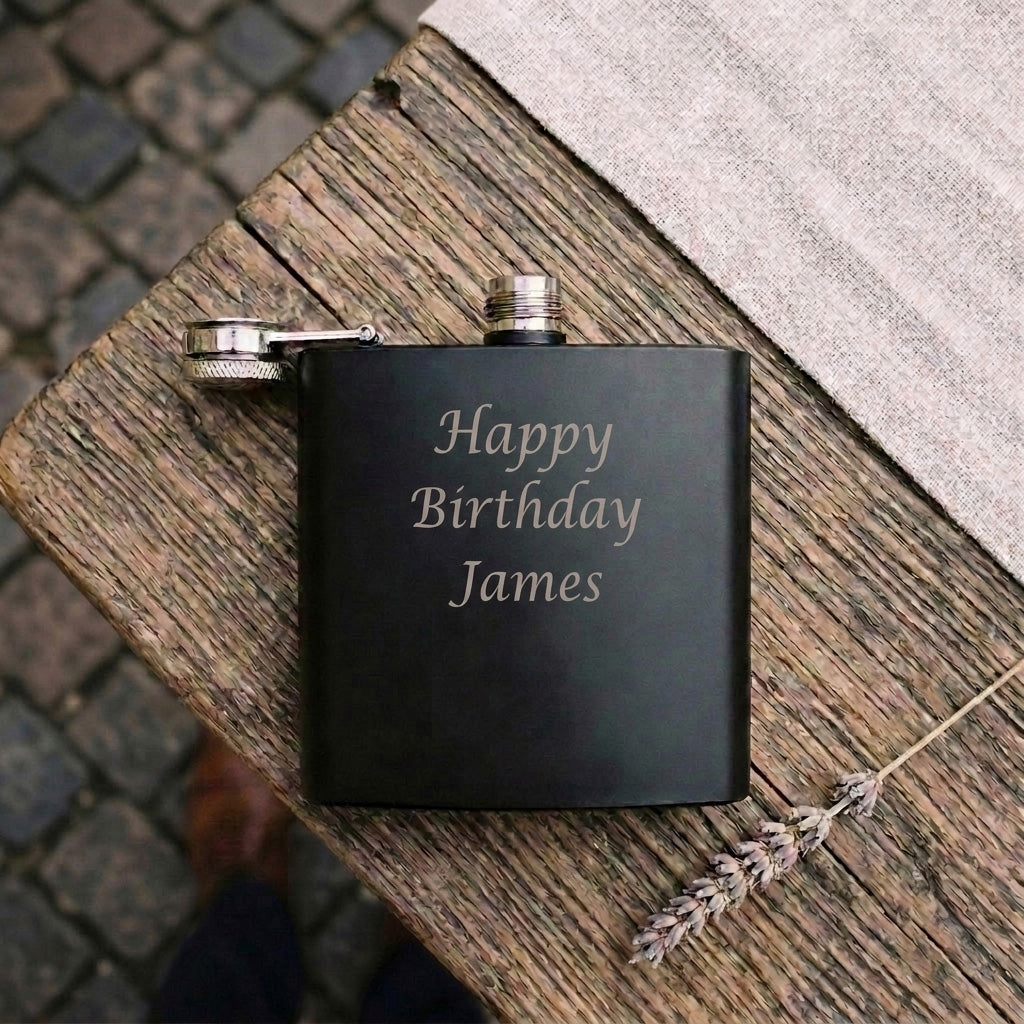 Personalised Any Message Engraved Black Metal Hip Flask 6oz