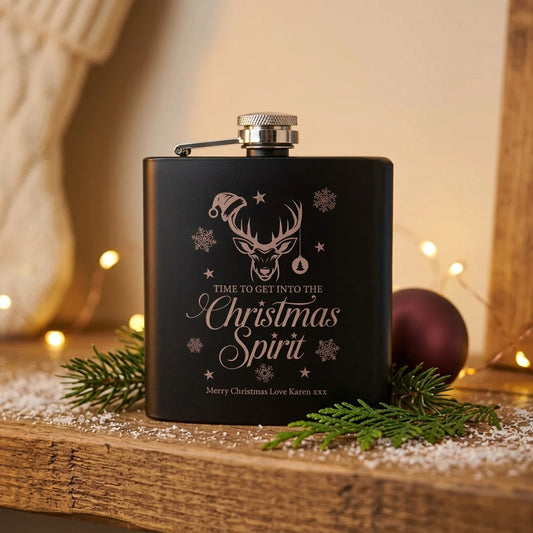 Personalised Christmas Stag Engraved Black Metal Hip Flask 6oz