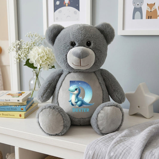 Personalised Dinosaur Alphabet Grey Plush Teddy Bear 42cm | New Baby, 1st Birthday & Christening Gift