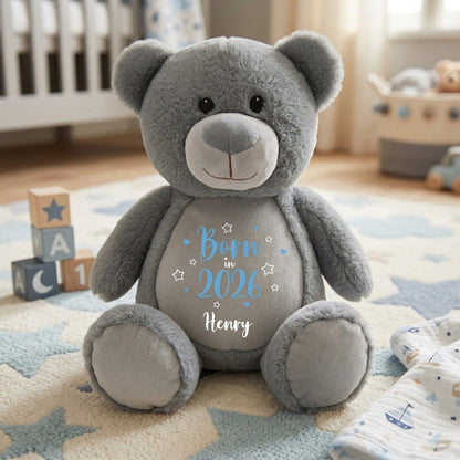 Personalised Born in 2026 Grey Plush Teddy Bear 42cm | New Baby or Christening Gift