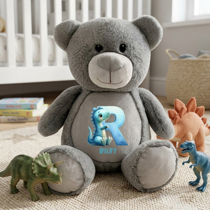 Personalised Dinosaur Alphabet Grey Plush Teddy Bear 42cm | New Baby, 1st Birthday & Christening Gift