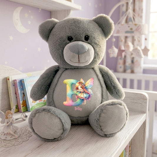 Personalised Fairy Alphabet Grey Plush Teddy Bear 42cm | New Baby, 1st Birthday & Christening Gift