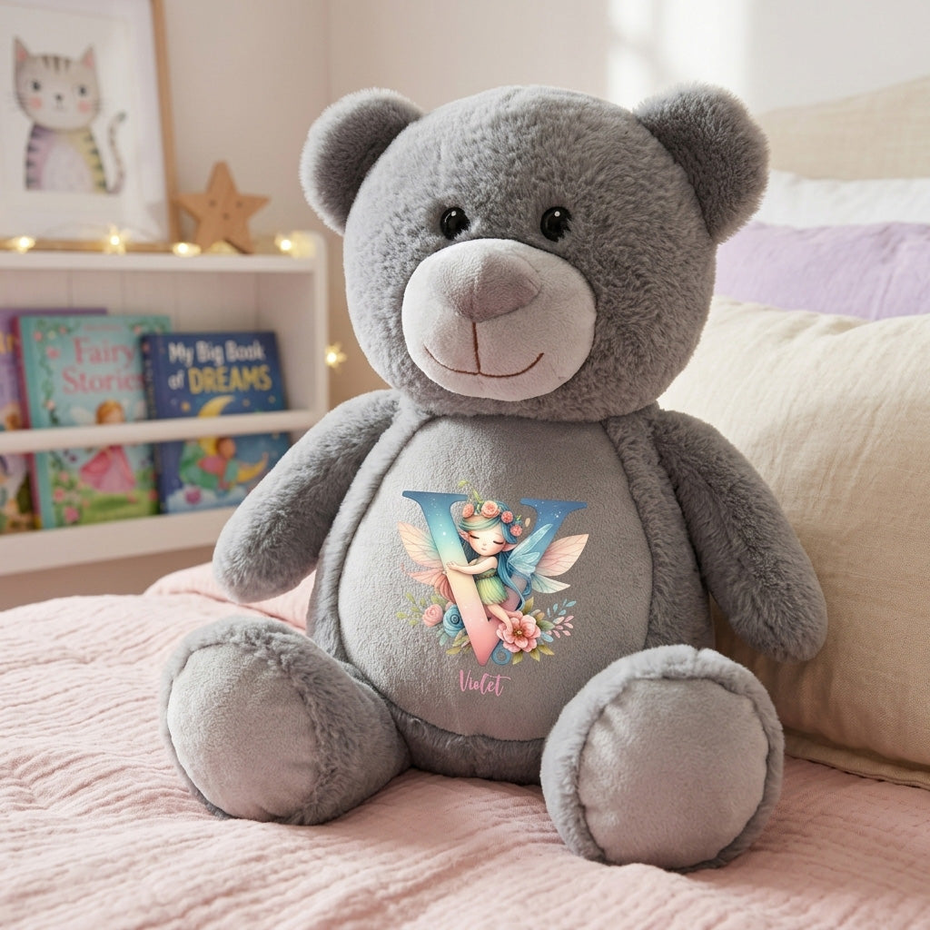 Personalised Fairy Alphabet Grey Plush Teddy Bear 42cm | New Baby, 1st Birthday & Christening Gift