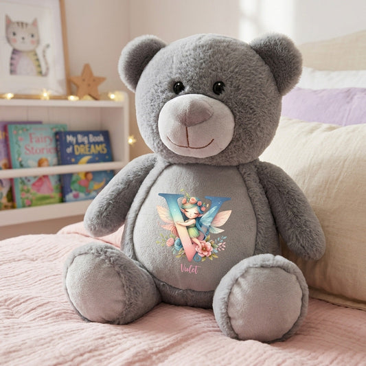 Personalised Fairy Alphabet Grey Plush Teddy Bear 42cm | New Baby, 1st Birthday & Christening Gift