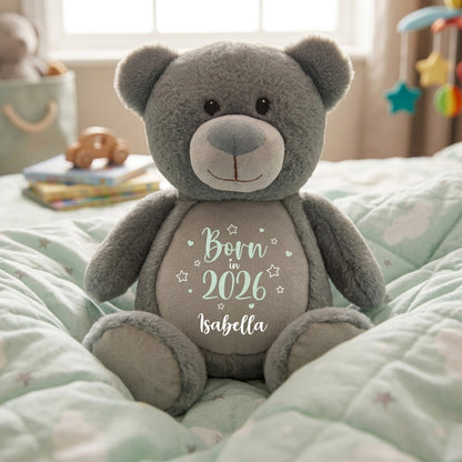 Personalised Born in 2026 Grey Plush Teddy Bear 42cm | New Baby or Christening Gift