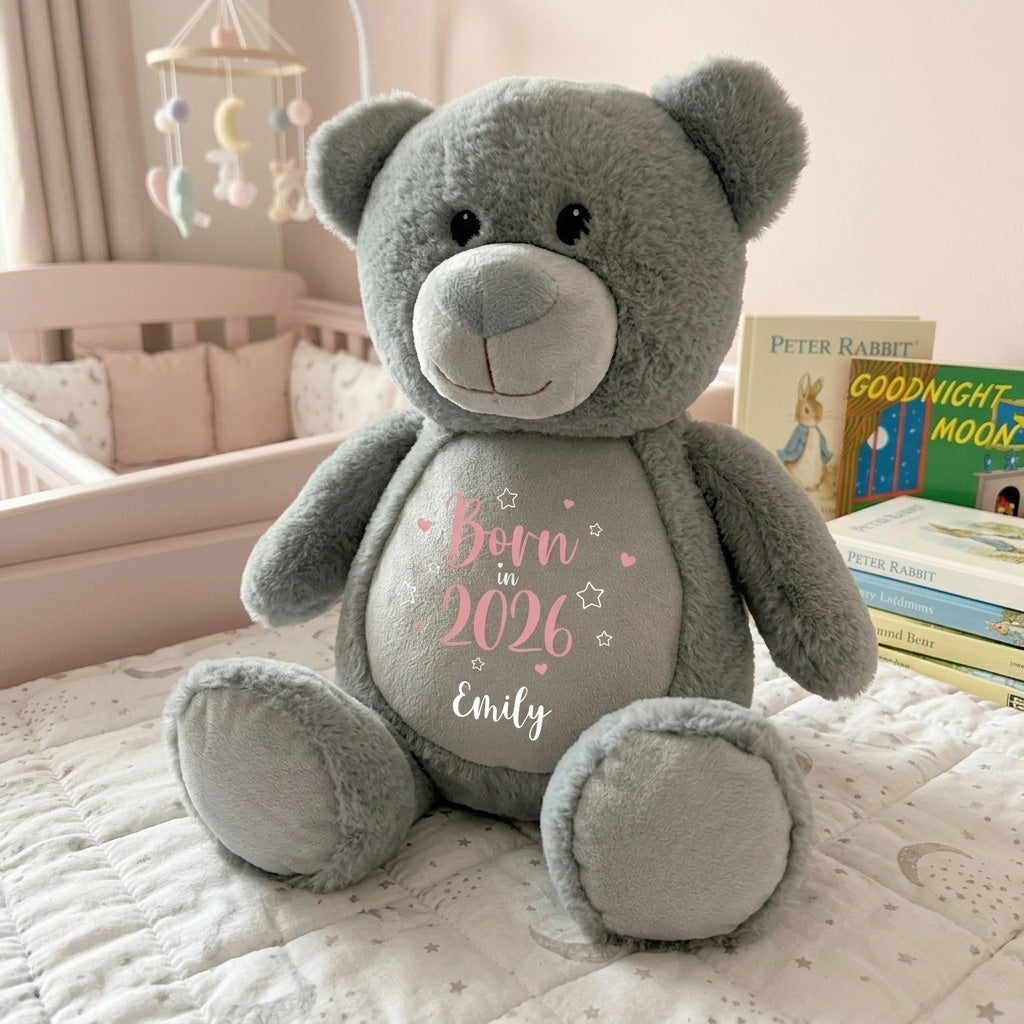 Personalised Born in 2026 Grey Plush Teddy Bear 42cm | New Baby or Christening Gift