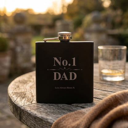 Personalised No.1 Dad Scroll Engraved Black Metal Hip Flask 6oz