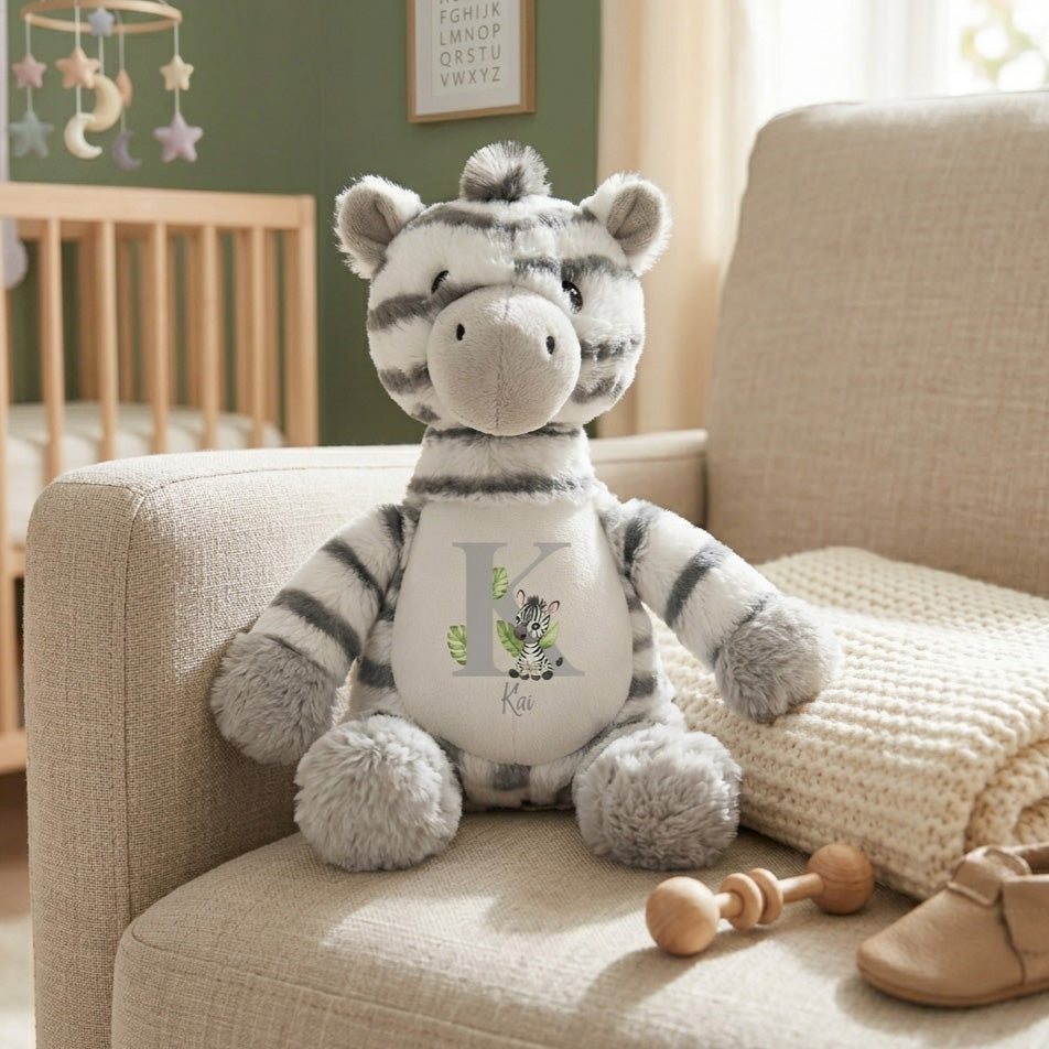 Personalised Alphabet Zebra Teddy Bear 28cm | New Baby, 1st Birthday or Christening Gift