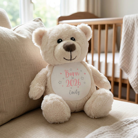 Personalised Born in 2026 Teddy Bear Plush Soft Toy 25cm | New Baby Arrival Gift
