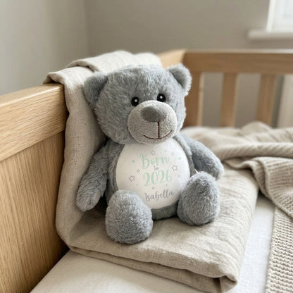 Personalised Born in 2026 Teddy Bear Plush Soft Toy 25cm | New Baby Arrival Gift