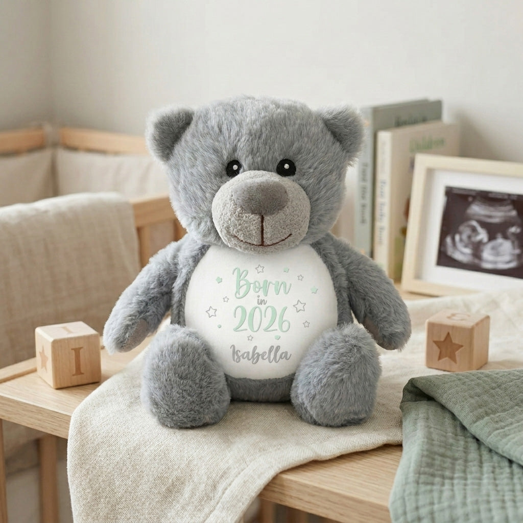 Personalised Born in 2026 Teddy Bear Plush Soft Toy 25cm | New Baby Arrival Gift