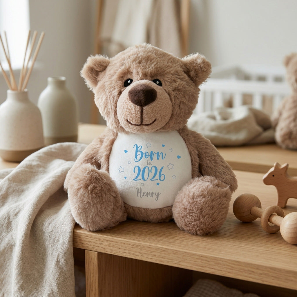 Personalised Born in 2026 Teddy Bear Plush Soft Toy 25cm | New Baby Arrival Gift