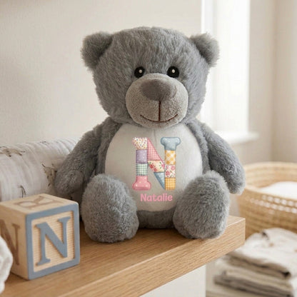 Personalised Patchwork Alphabet Plush Teddy Bear 25cm | New Baby, Christening & 1st Birthday Gift