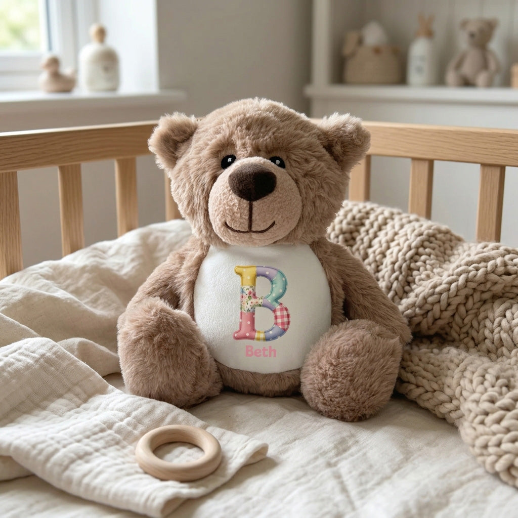 Personalised Patchwork Alphabet Plush Teddy Bear 25cm | New Baby, Christening & 1st Birthday Gift