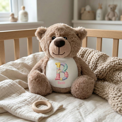 Personalised Patchwork Alphabet Plush Teddy Bear 25cm | New Baby, Christening & 1st Birthday Gift