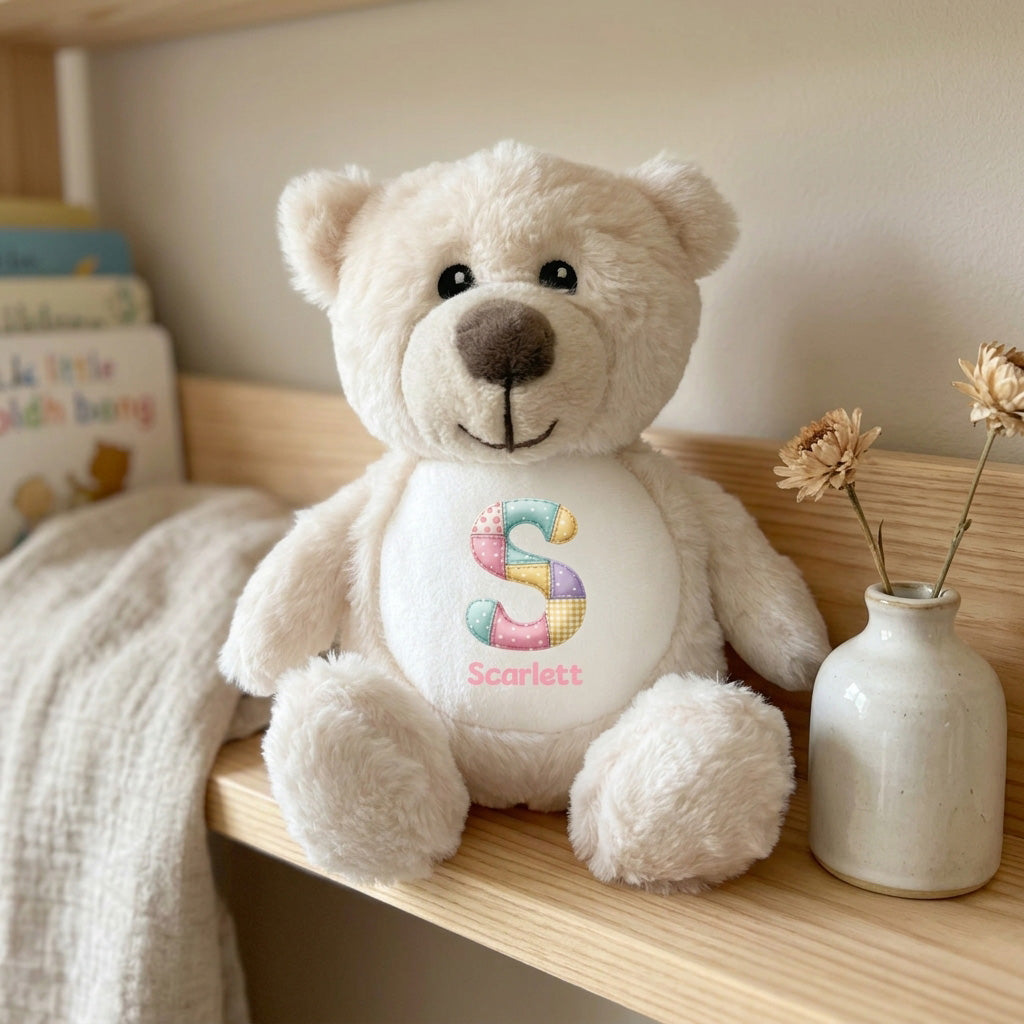 Personalised Patchwork Alphabet Plush Teddy Bear 25cm | New Baby, Christening & 1st Birthday Gift