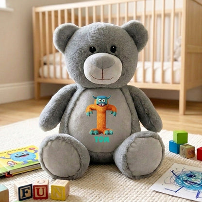 Personalised Monster Alphabet Grey Plush Teddy Bear 42cm | Children's Birthday or Christening Gift - The Lovely Keepsake Company