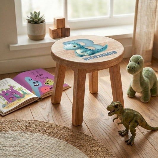 Personalised Wooden Dinosaur Alphabet Round Toddler Step Stool | Nursery Decor & First Birthday Gift