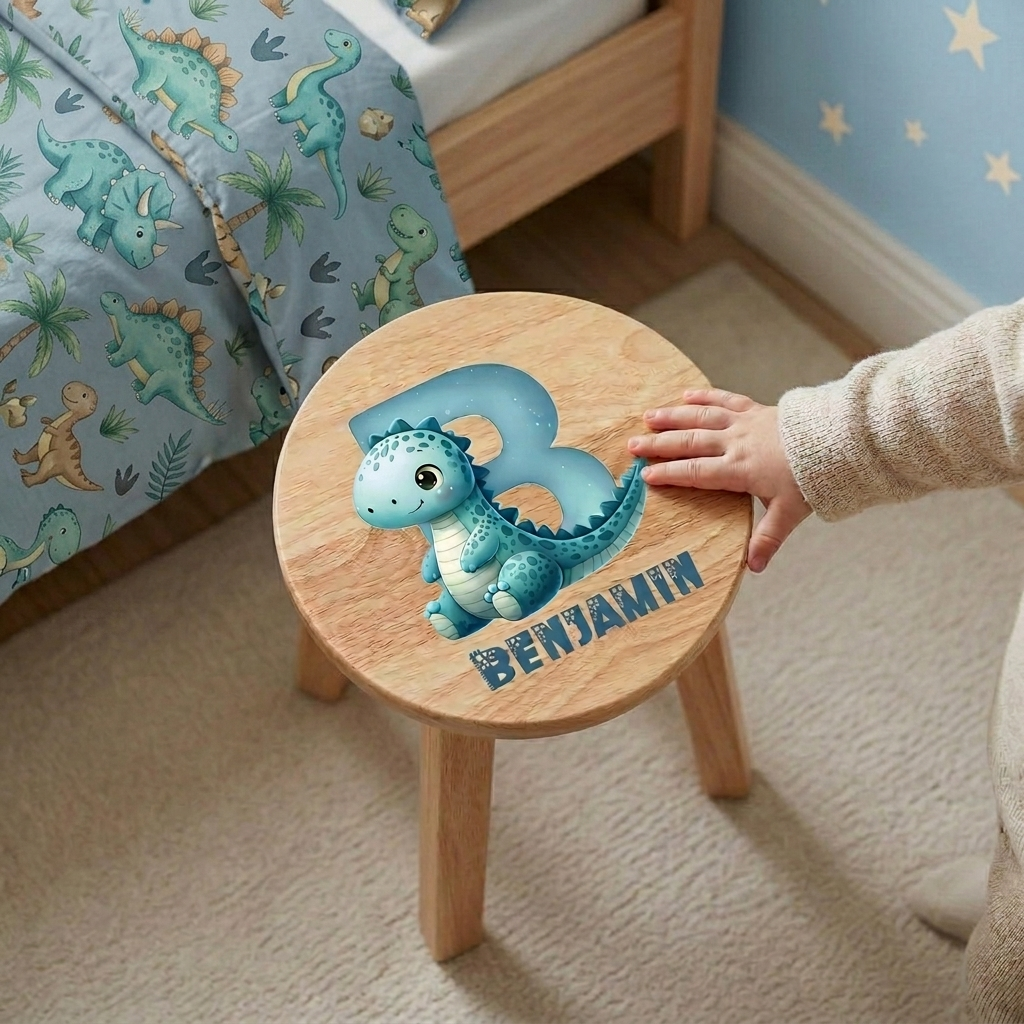 Personalised Wooden Dinosaur Alphabet Round Toddler Step Stool | Nursery Decor & First Birthday Gift