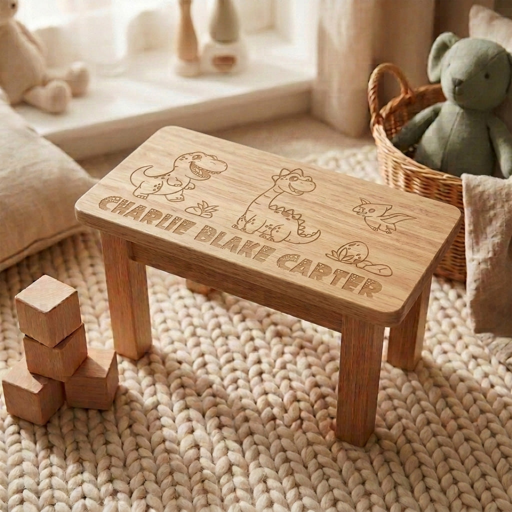 Personalised Engraved Children's Wooden Rectangular Stool Dinosaur Design | New Baby or Christening Gift