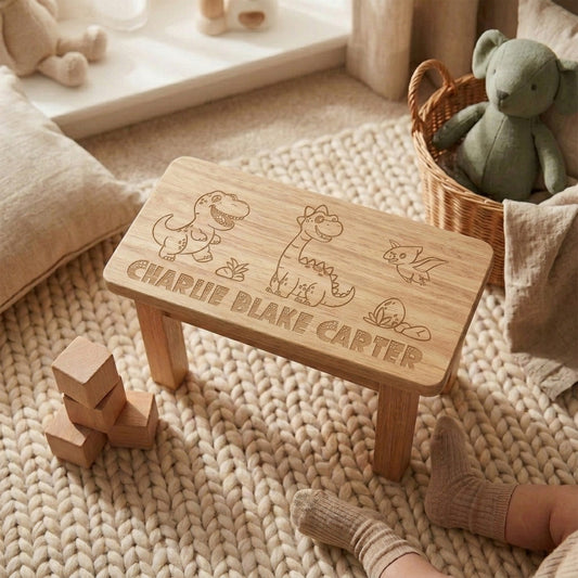 Personalised Engraved Children's Wooden Rectangular Stool Dinosaur Design | New Baby or Christening Gift