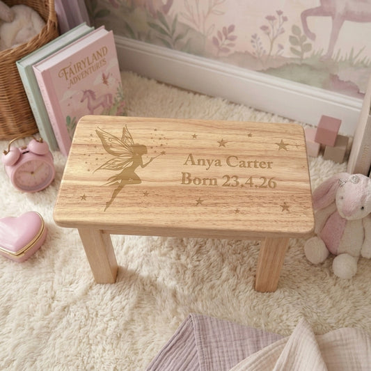 Personalised Engraved Children's Wooden Rectangular Stool Fairy Design | New Baby or Christening Gift