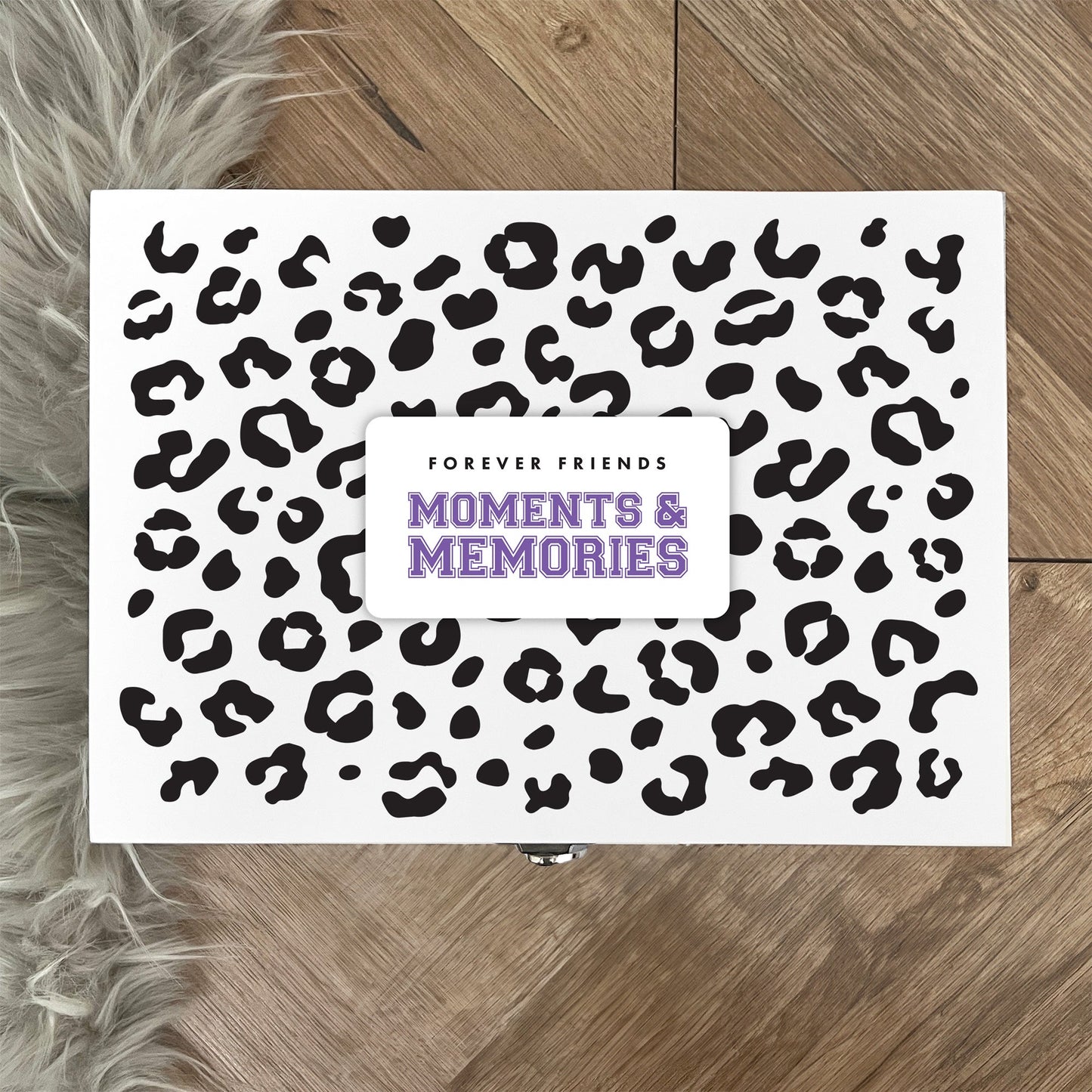 Personalised Leopard Print White Wooden Memory Box - Moments & Memories | Birthday Gift for Friends