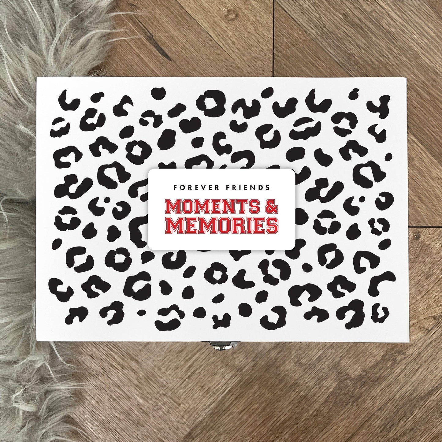 Personalised Leopard Print White Wooden Memory Box - Moments & Memories | Birthday Gift for Friends