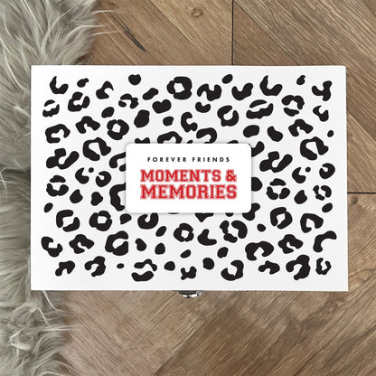 Personalised Leopard Print White Wooden Memory Box - Moments & Memories | Birthday Gift for Friends