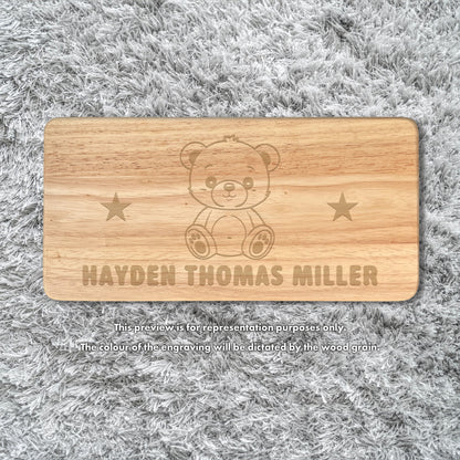 Personalised Engraved Children's Wooden Rectangular Stool Teddy Bear Design | New Baby or Christening Gift