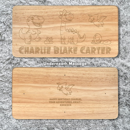 Personalised Engraved Children's Wooden Rectangular Stool Dinosaur Design | New Baby or Christening Gift