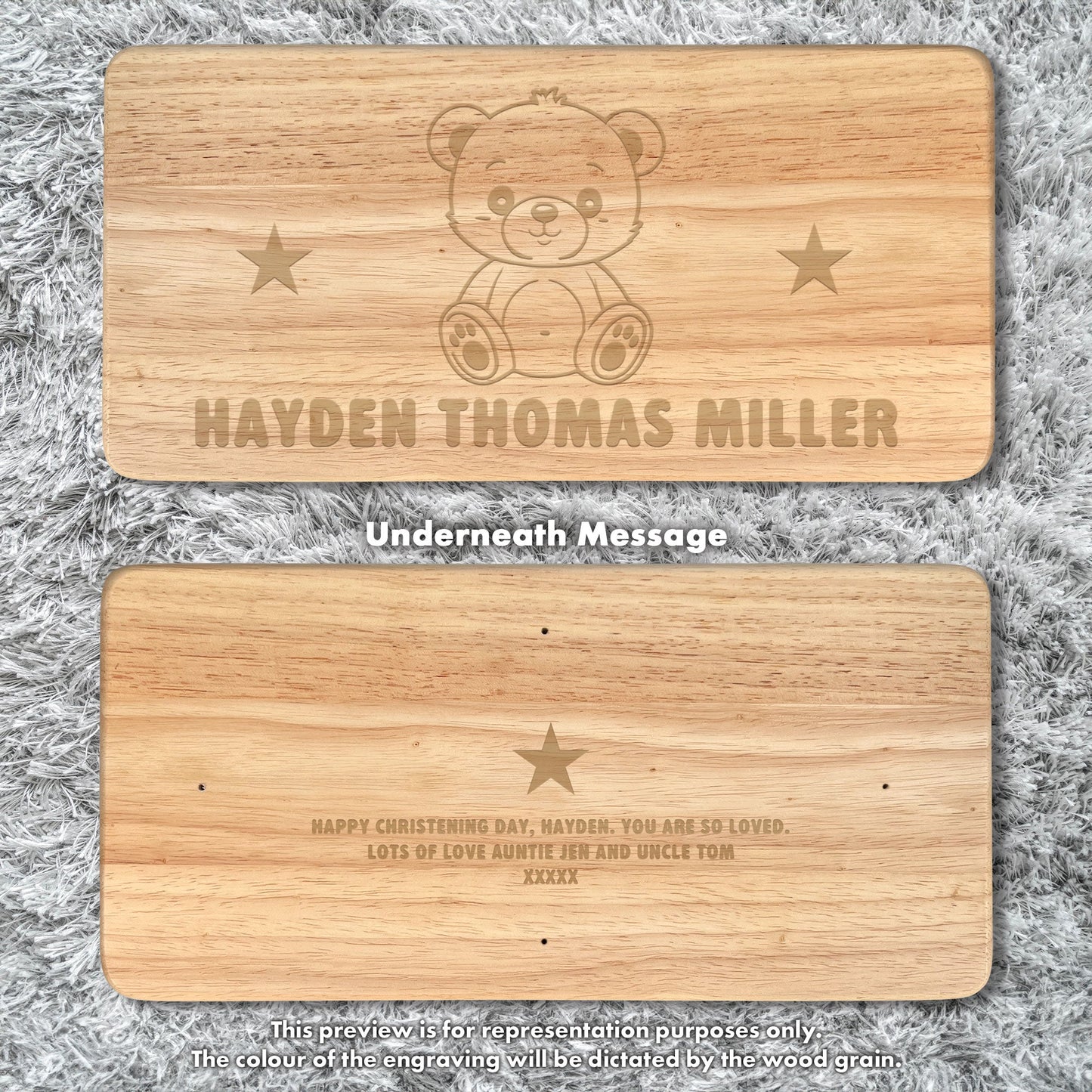 Personalised Engraved Children's Wooden Rectangular Stool Teddy Bear Design | New Baby or Christening Gift