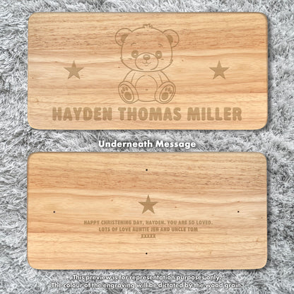 Personalised Engraved Children's Wooden Rectangular Stool Teddy Bear Design | New Baby or Christening Gift