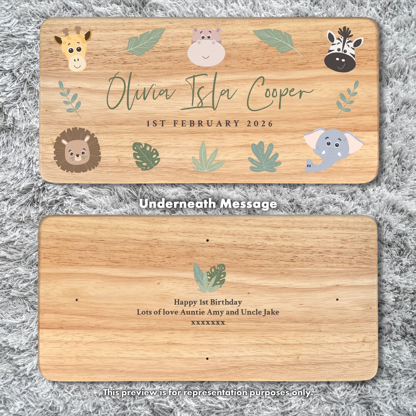 Personalised Children's Wooden Rectangular Stool Jungle Design | New Baby or Christening Gift